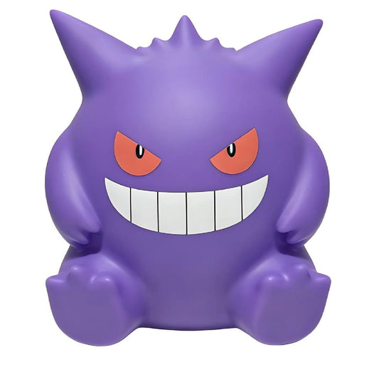 Gengar Pokémon lamp front view, cute anime LED night light with smooth purple design for kids room and desk decor