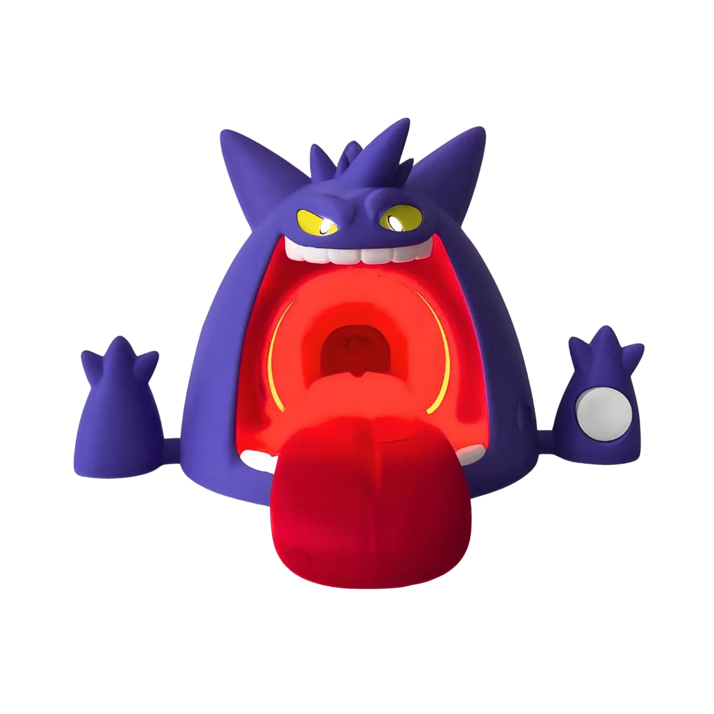 Gengar-inspired wireless charger render with red LED glow, purple character design, front view