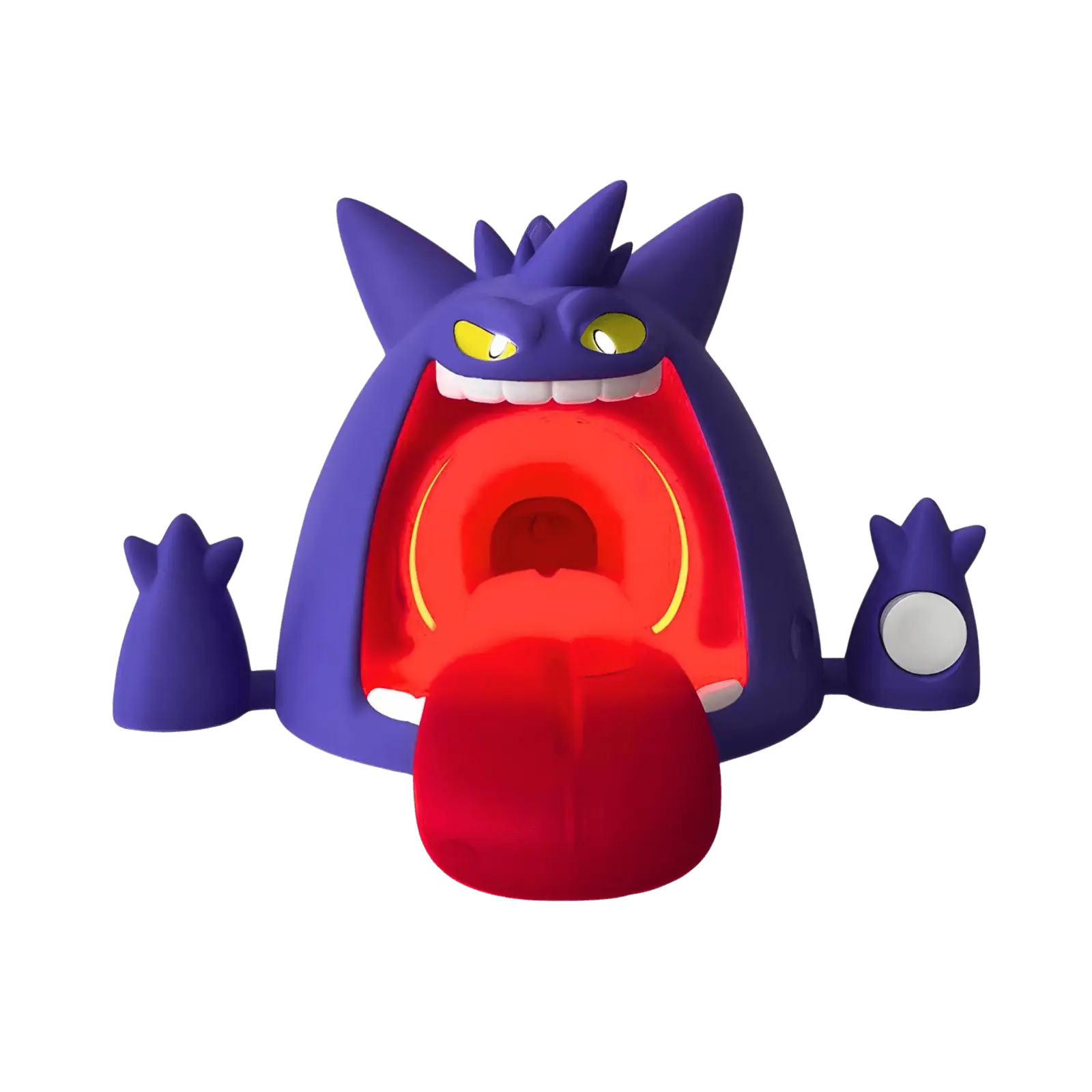 Gengar-inspired wireless charger render with red LED glow, purple character design, front view