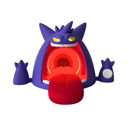 Gengar-inspired wireless charger render with red LED glow, purple character design, front view