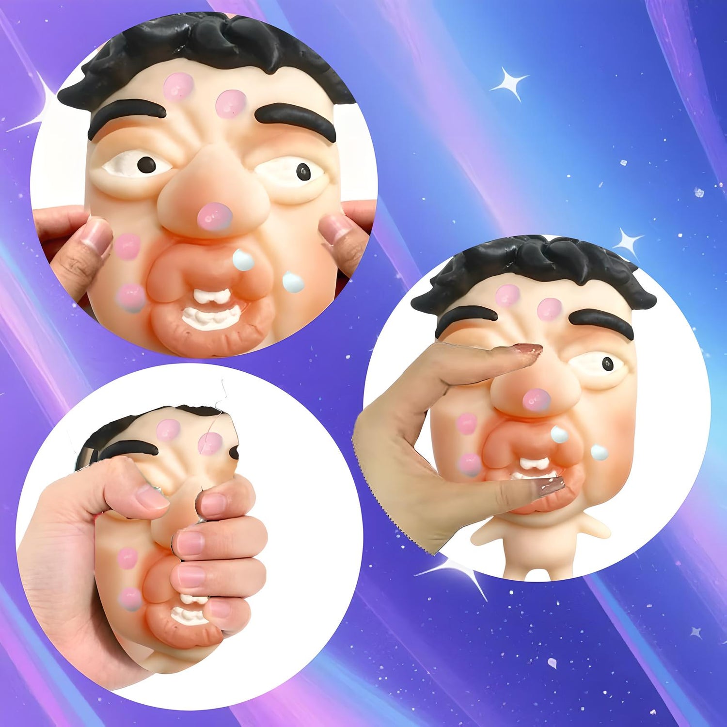 Pimple popping toy squishy face fidget collage showing squeeze and pop action, refillable stress relief toy